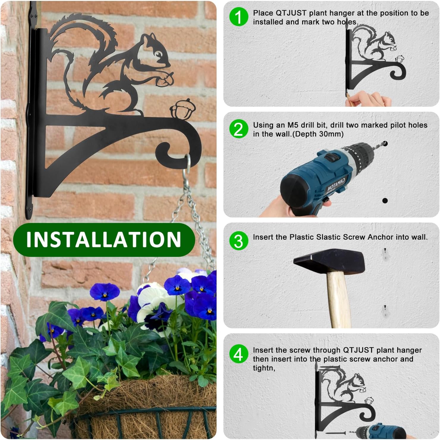 ATKKE Hanging Plant Bracket Hangers Indoor Iron Wall Mount,11” Squirrel Silhouette Ornamental Iron Hangers Hookers for Flower Pot Lantern Bird Feeder Wind Chimes