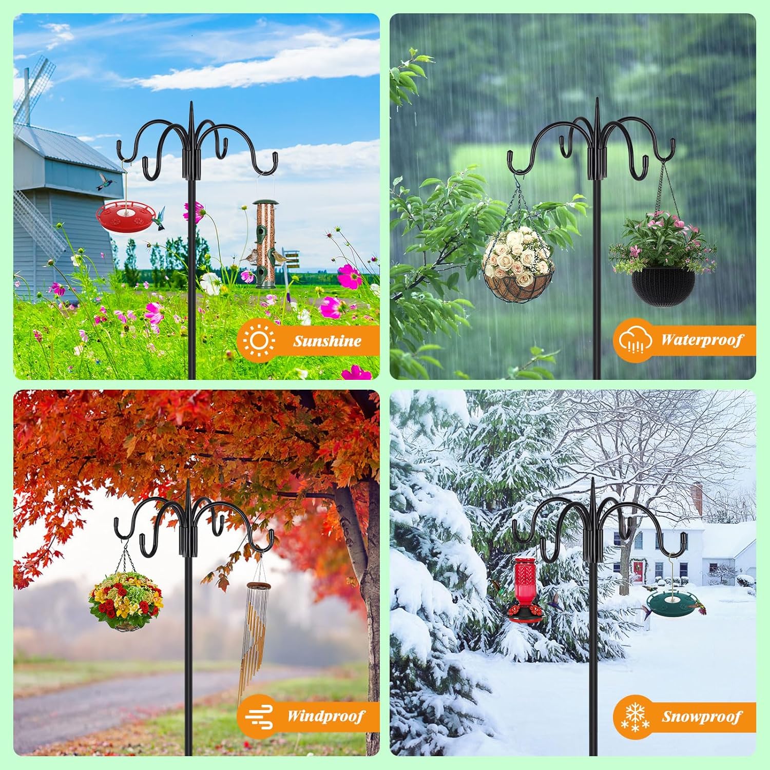 FEED GARDEN [Upgrade Version 92 Inch Four Shepherd Hooks for Outdoor,Bird Feeder Pole with 5 Prong Base, Adjustable Shepard Hooks for Hanging Plant, Solar Lanterns, Wind Chimes, 2 Pack