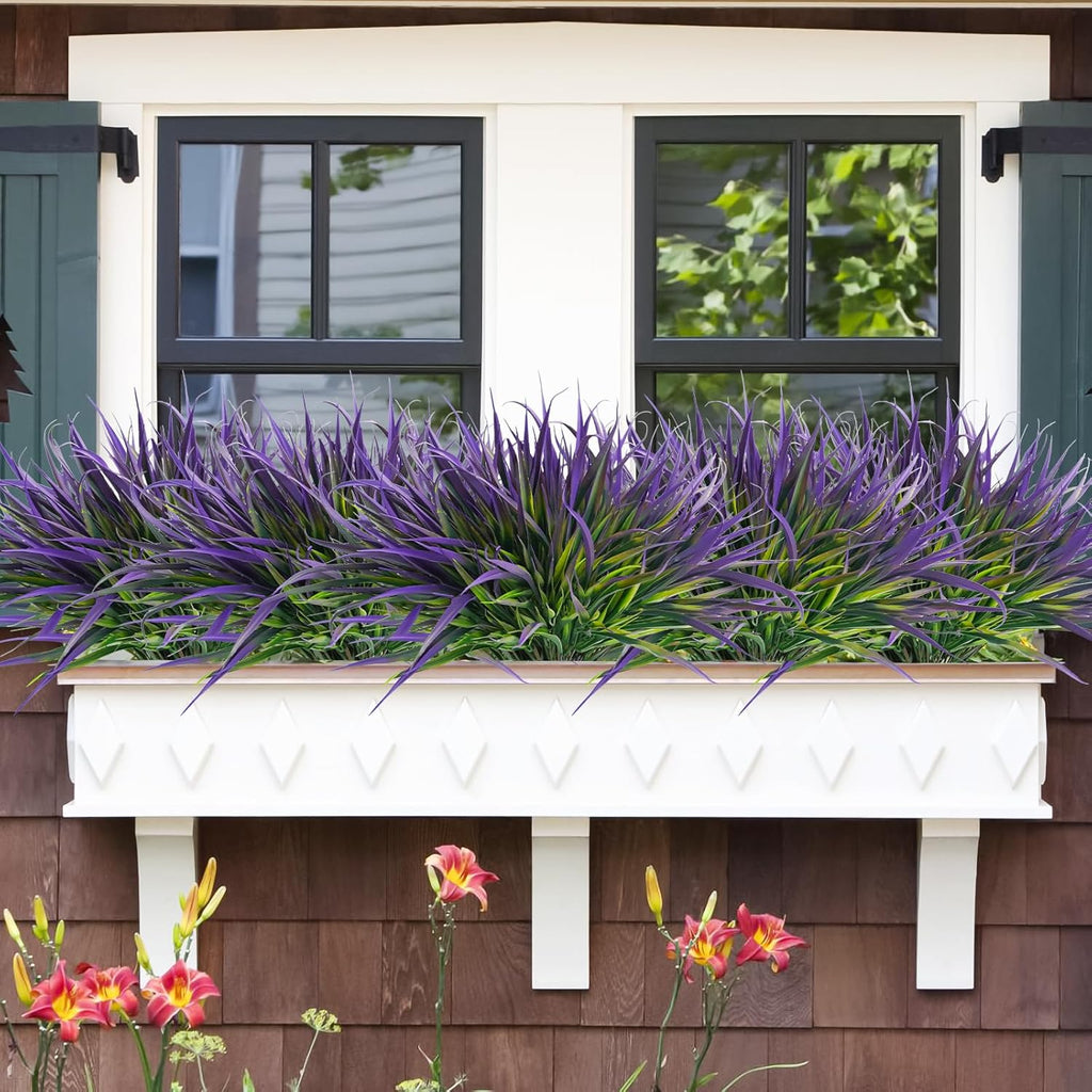 Uieke 6 Bundles Artificial Outdoor Plants UV Resistant Fake Grass Plants Faux Plastic Plants Greenery Shrubs for Home Garden Pathway Window Box Front Porch Spring Summer Decor, Purple