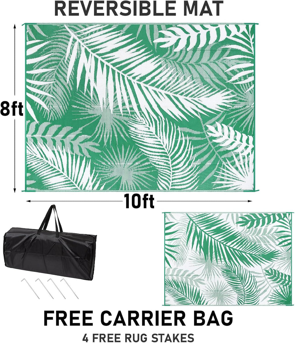 Outdoor Rug 8'x10' Waterproof for Patios Clearance, Reversible Outdoor Plastic Straw Rug Camping Carpet, Outside Floor Mats Large Area Rugs for RV,Patio,Deck,Porch, Beach,Balcony,Green&White