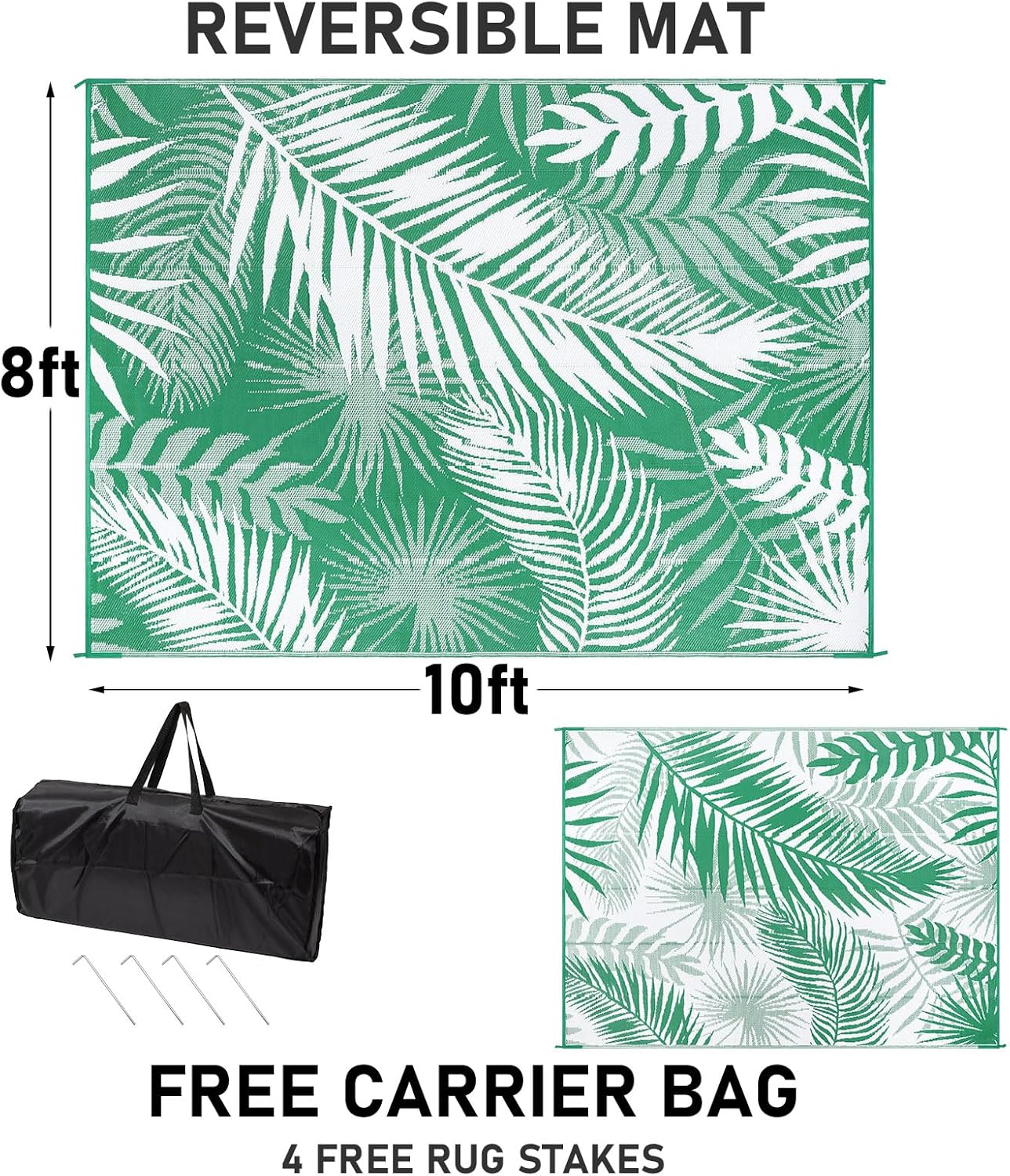 Outdoor Rug 8'x10' Waterproof for Patios Clearance, Reversible Outdoor Plastic Straw Rug Camping Carpet, Outside Floor Mats Large Area Rugs for RV,Patio,Deck,Porch, Beach,Balcony,Green&White