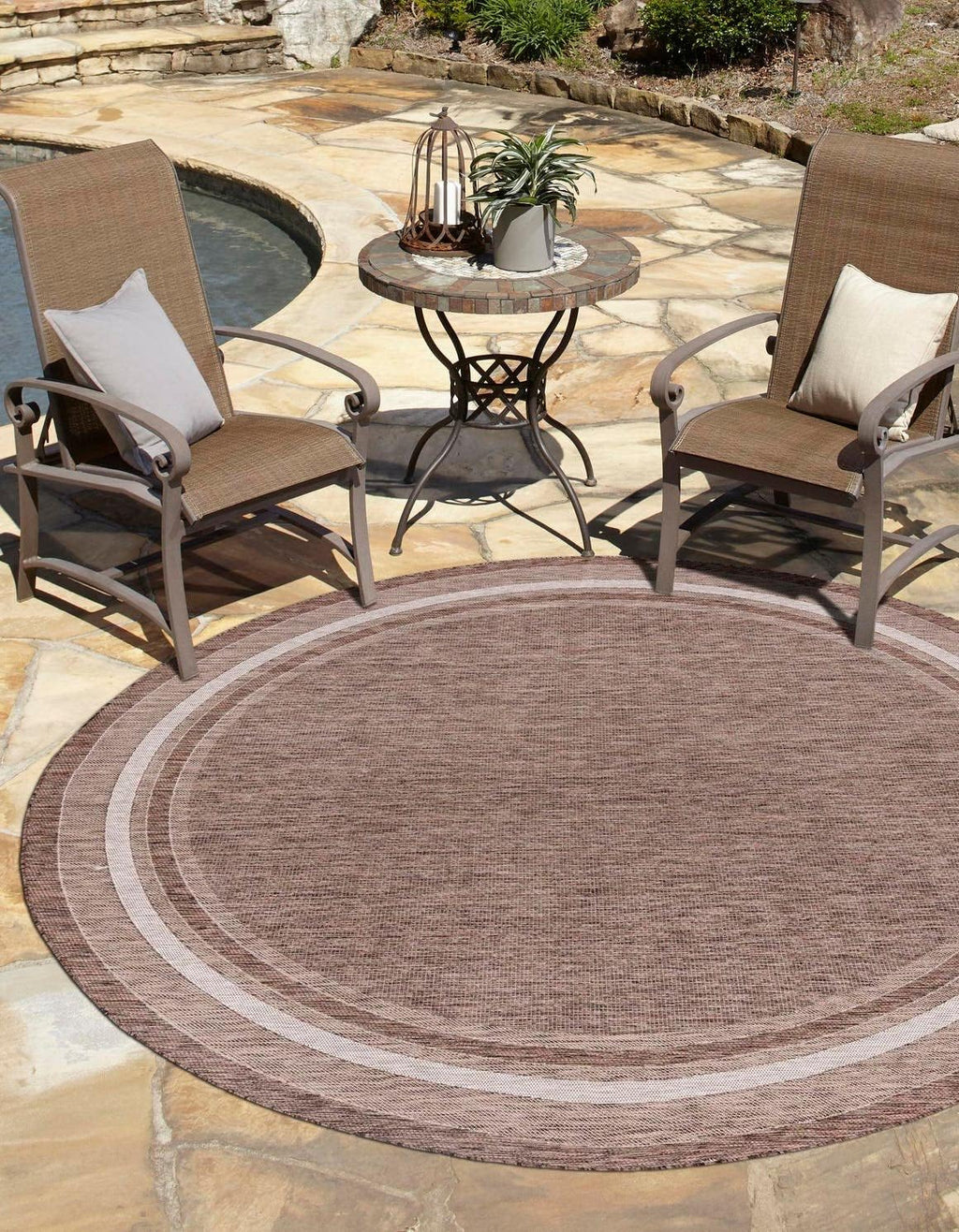 Unique Loom Outdoor Border Collection Area Rug - Soft Border (13' Round, Brown/ Ivory)