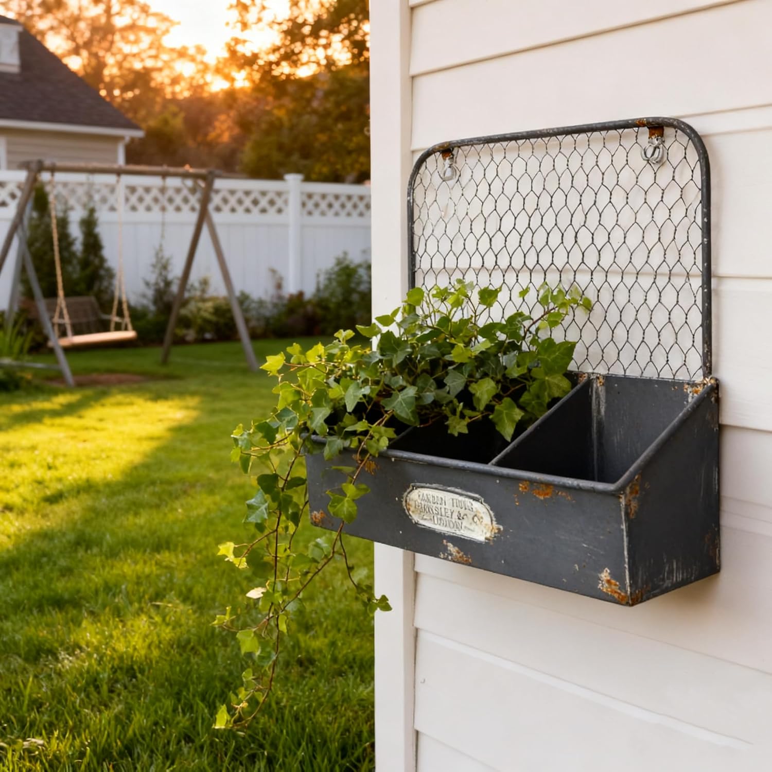 Rustic Metal Wall Mounted Planter Vintage Hanging Flower Pot with 3 Compartments Farmhouse Plants Holder Succulents Tubs for Garden Railing Fence Patio Yard Outdoor Decor