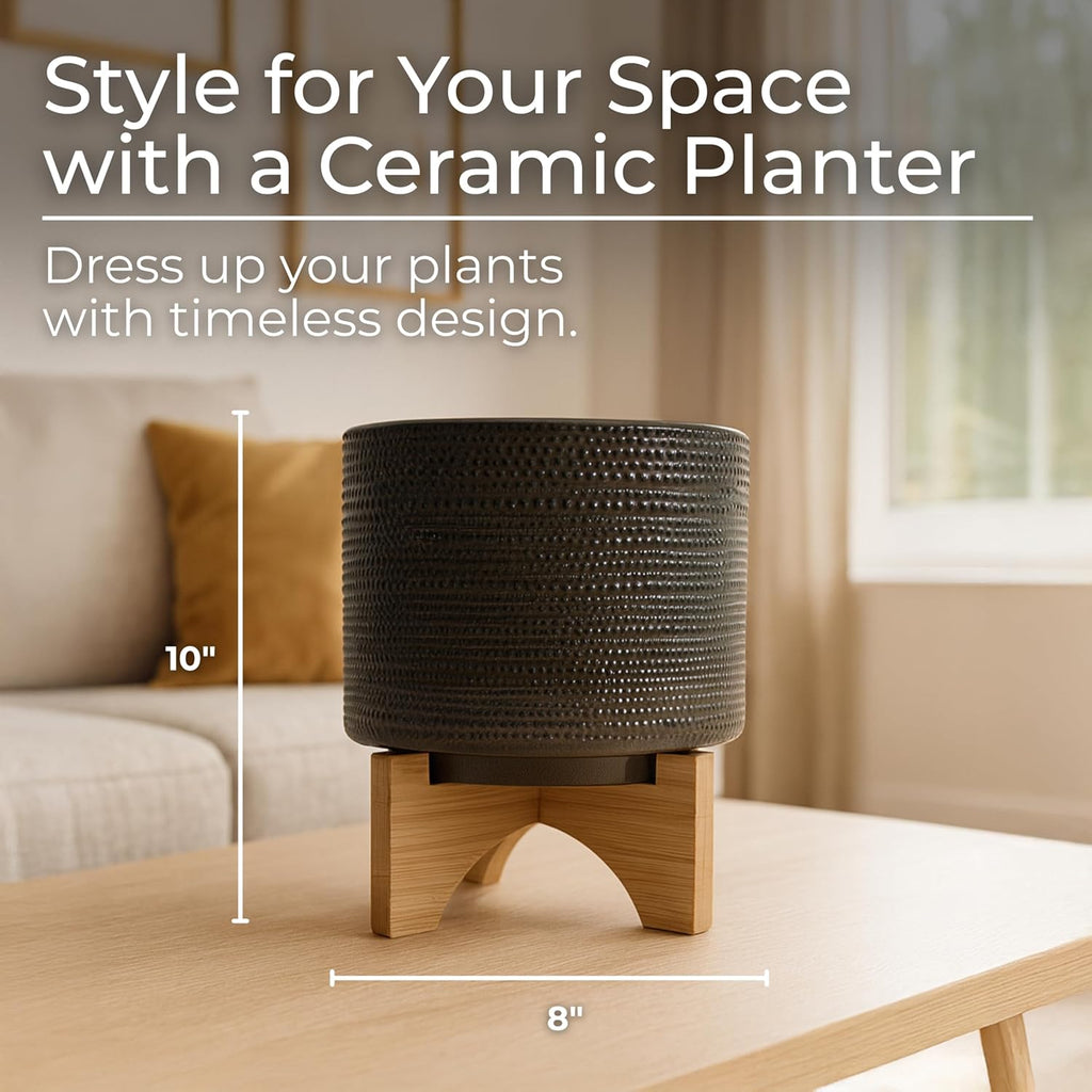 Sagebrook Home Ceramic Planter with Bamboo Stand - Textured Mid-Century Modern Plant Pot for Indoor & Outdoor Home Garden Decor - 10" Green