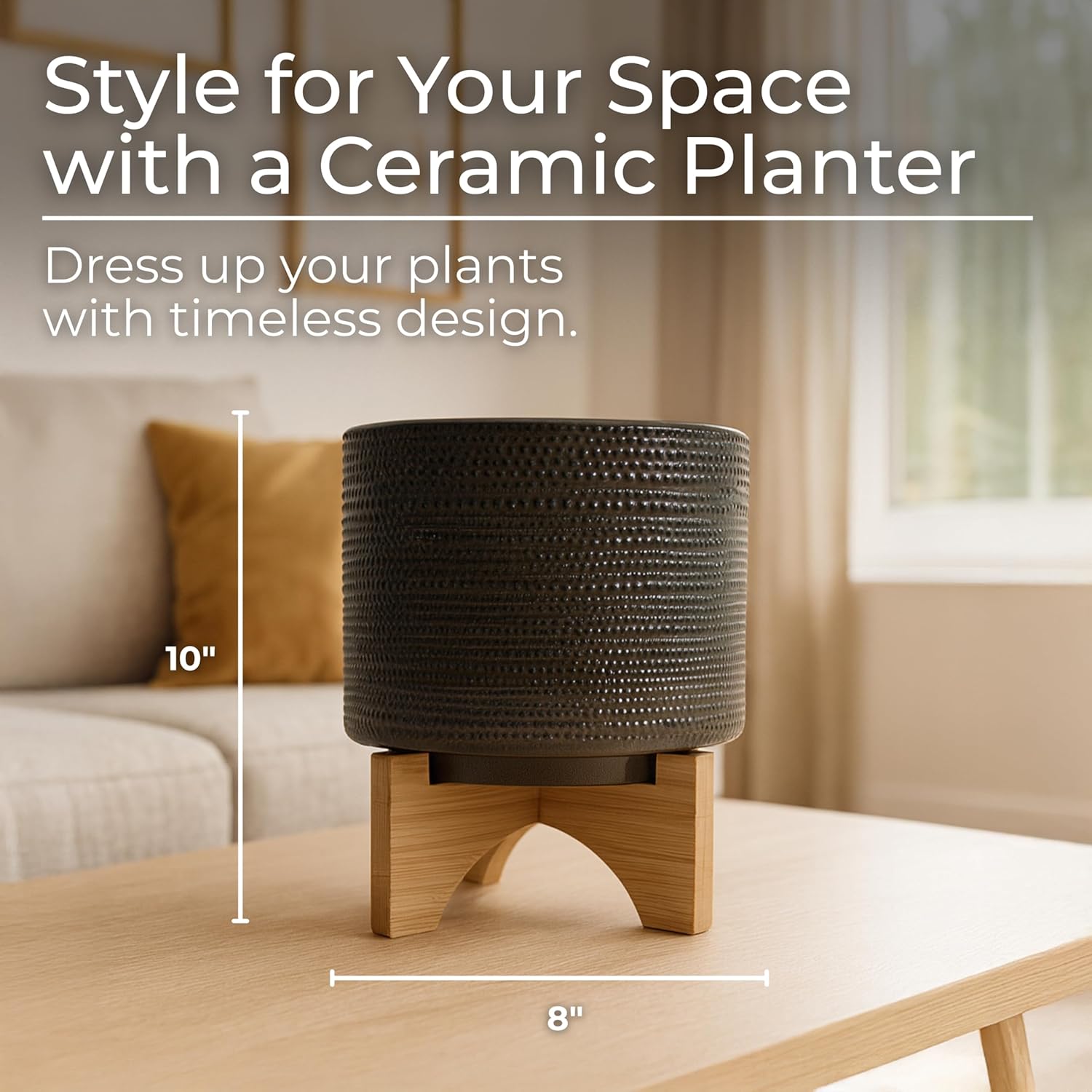 Sagebrook Home Ceramic Planter with Bamboo Stand - Textured Mid-Century Modern Plant Pot for Indoor & Outdoor Home Garden Decor - 10" Green