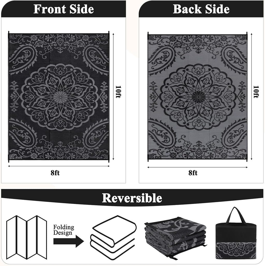 Pauwer Waterproof Outdoor Rug 8x10, Reversible Plastic Straw Patio Camping Rug, Indoor Outdoor RV Mat Carpet for Deck, Camper, Porch, Balcony, Backyard, Picnic, Boho Black Grey