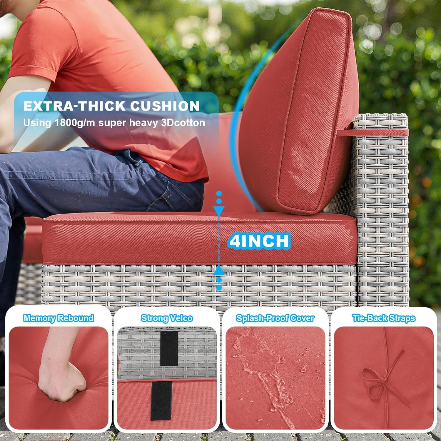 17-Piece Patio Furniture Set, Outdoor Patio Furniture with Swivel Chairs Set, Thick Cushions, Modular Patio Sofa, Dual-Strand Wicker Rattan, Rust-Resistant Frame, Red