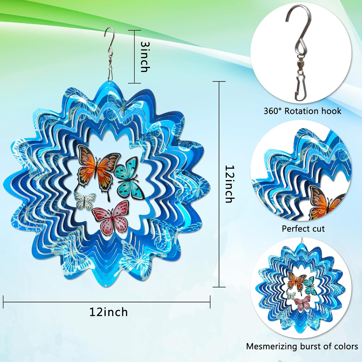 Goolyrusim Wind Spinner Outdoor, Butterfly Wind Spinner, 12in Laser Cut Stainless Steel Hanging Wind Sculptures, Garden Decoration Yard Decor, Butterfly Gifts for Women Mom Wife Girl Sister Grandma