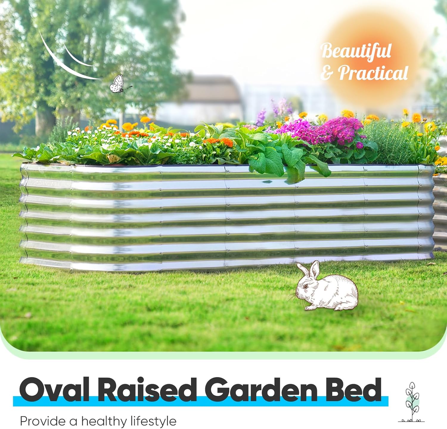 Quictent Raised Garden Bed Kit Oval Galvanized Metal Planter Box Tall for Vegetables Outdoor Backyard, Rubber Strip Edging Included, Silver 6x3x2 ft