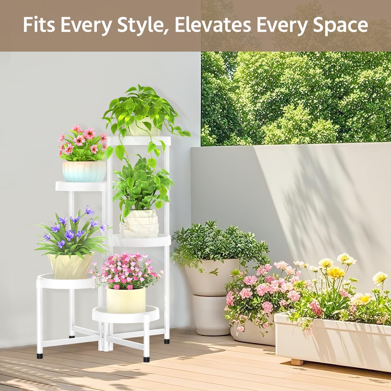 LASZOLA 5 Tiered Folding Plant Stand Indoor for Multiple Large Planter, Tall Heavy Duty Adjustable Rack with Rust Proof Plastic Shelving, Sturdy Vertical Tree Organizer for Narrow Inside Floor, White