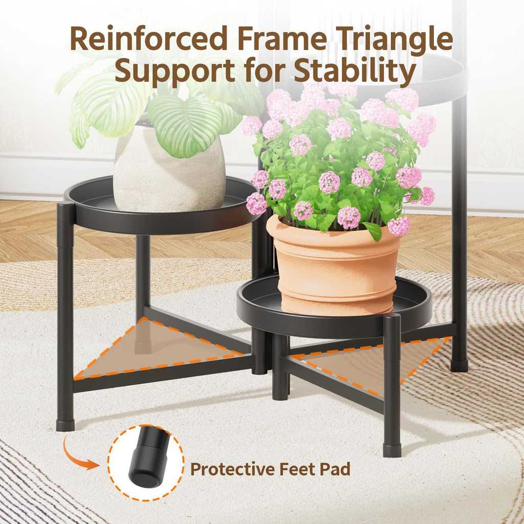 LASZOLA 5 Tiered Folding Plant Stand Indoor for Multiple Large Planter, Tall Heavy Duty Adjustable Rack with Rust Proof 10 Inch Wide Tray, Sturdy Vertical Tree Organizer for Narrow Inside Floor, Black