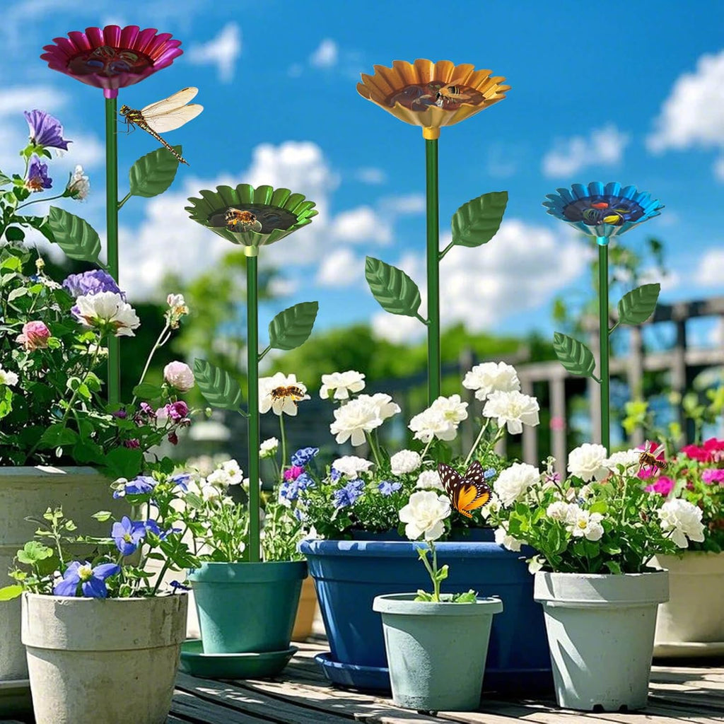2 Pack Bee Watering Station, Bee Baths for Garden with Glass Marbles, Colorful Metal Butterfly Bird Water Feeder Supplies for Outdoor Garden Yard Farm Decor Flower Design (Blue,Yellow)