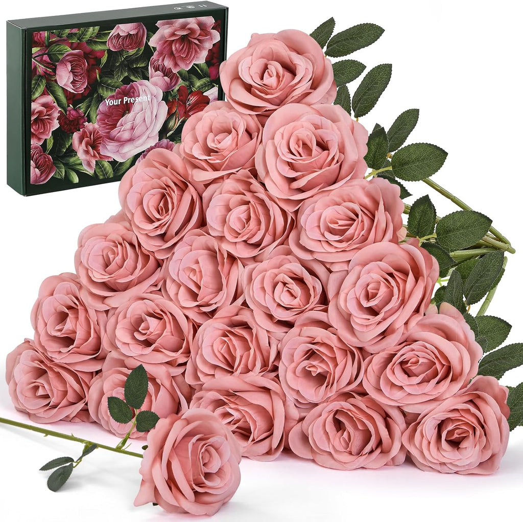 20PCS Artificial Dusty Pink Roses, 3.9'' Silk Flower Head Fake Dusty Pink Rose with Long Stems, Realistic Faux Roses Bouquet for Mother's Day DIY Wedding Home Party Office Decoration