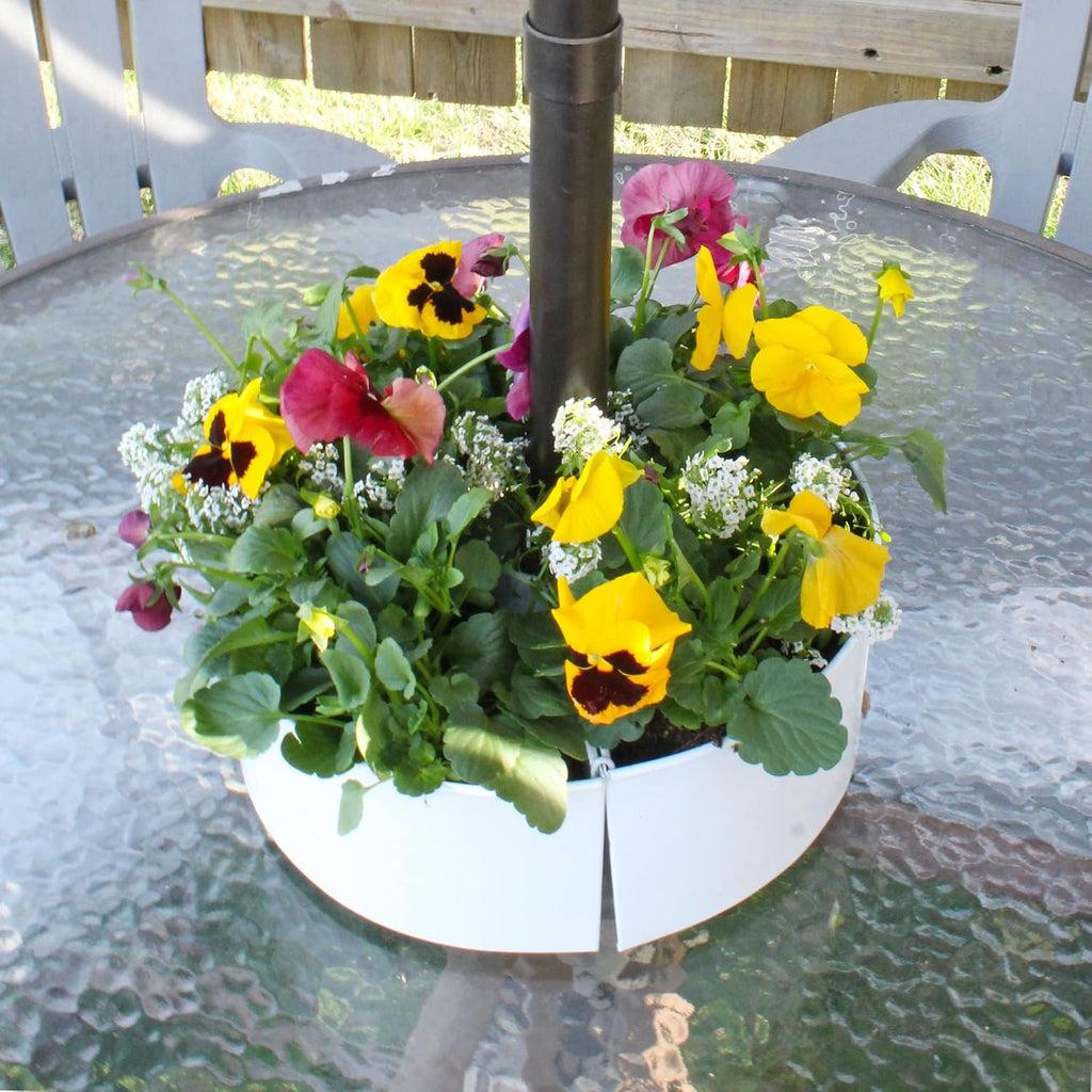 AuldHome Design Umbrella Planter for Patio Table w/Umbrella Hole (White), Enamelware Half-Circle Planter Pots