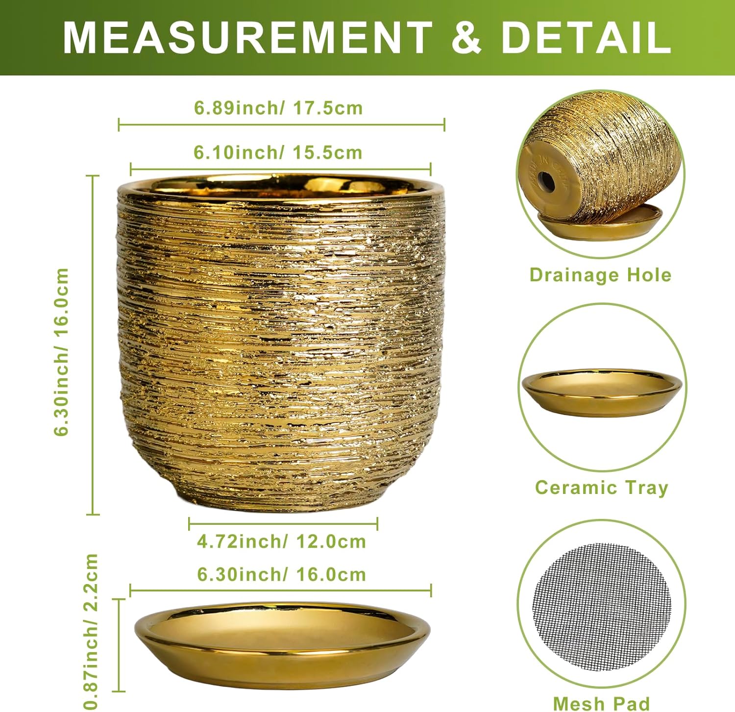 Ceramic Plant Pot 7 Inch - Ceramic Planter for Indoor Outdoor Plants, Round Modern Flower Pot with Drainage Hole and Saucer, Housewarming Gifts, House Patio Office Home Decor, Gold