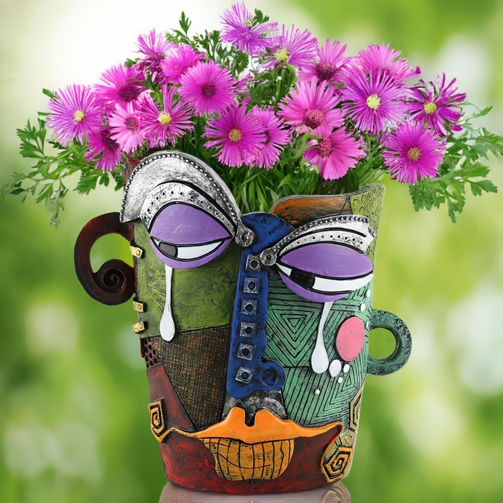 Picasso-Inspired Abstract Face Flower Pot | Unique Head Planter with Drainage Hole | Vibrant Colors & Quirky Art Decor (Tears)