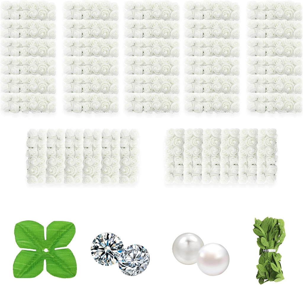 500 Pcs 0.6 Inch Mini Artificial Flowers Head Bulk 5 in 1 Set Faux Foam Fake Small Rose Tiny Baby Flores Bouquet Wreath Gift Hair Clip Home Decoration DIY Craft (White)