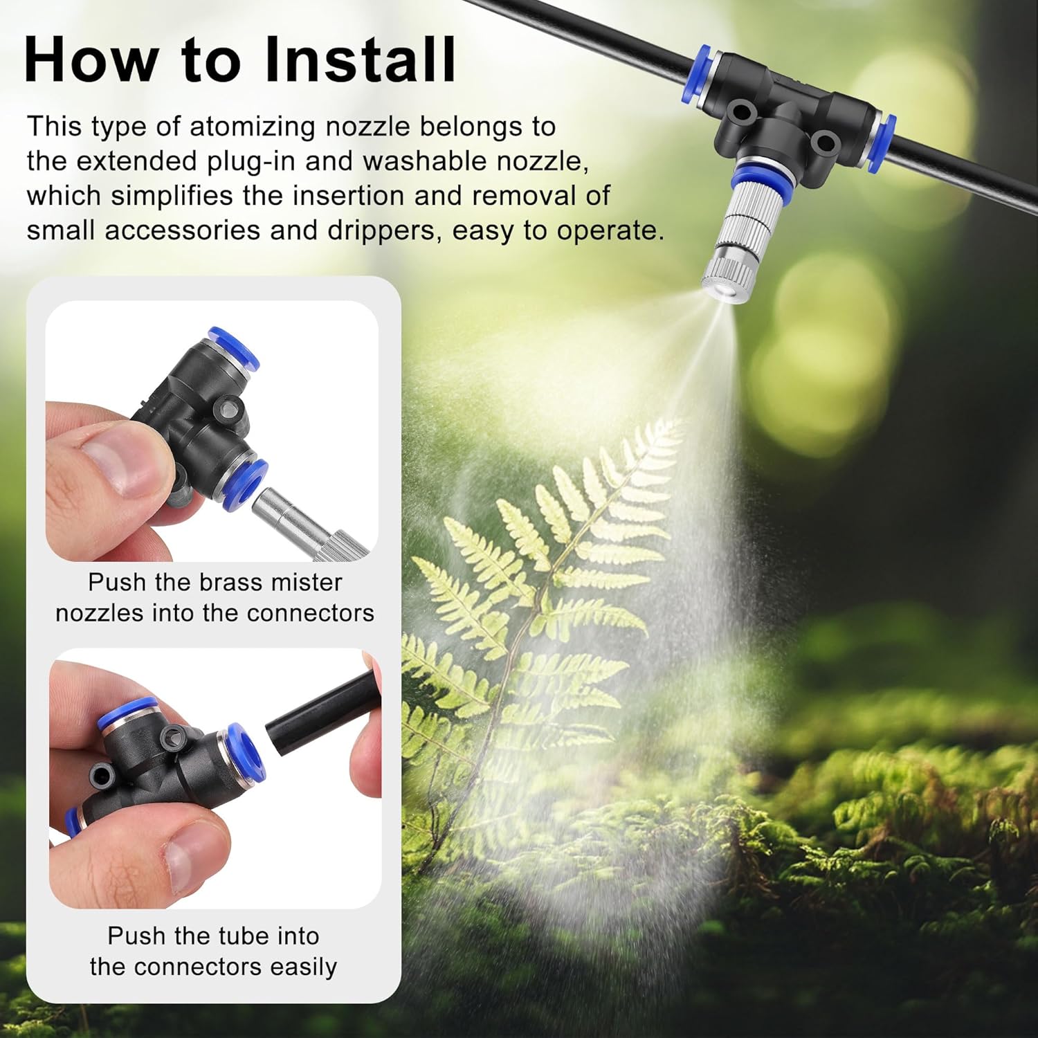 Mornajina 30 Pcs Brass Misting Nozzles Mister Replacement Nozzles with Filter Mesh & 1/4" Water Misting Nozzle Tees Kit, 0.012"/0.3mm Orifice Misting System Heads Sprayer for Outdoor Cooling System