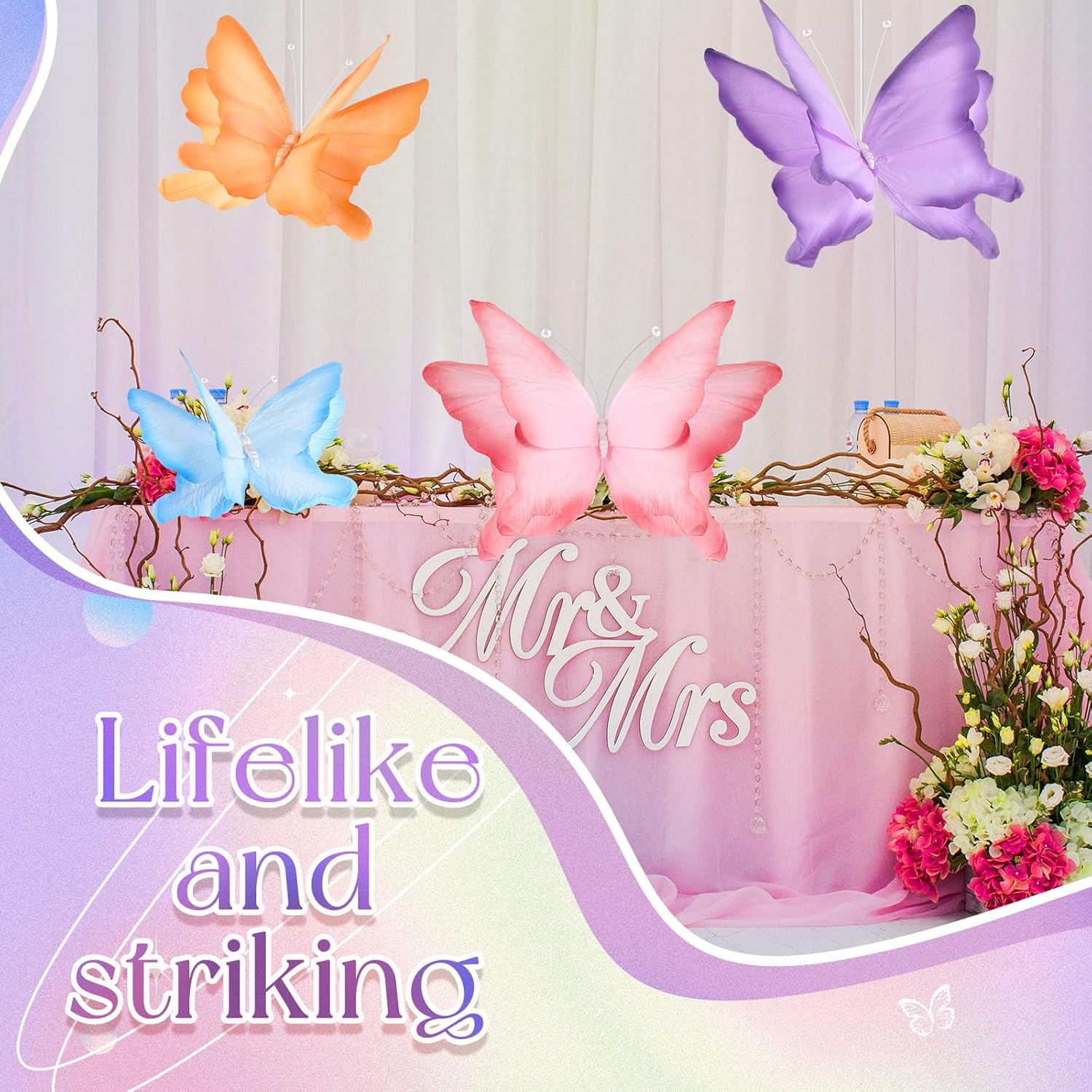 Havawish 4 Pcs Gaint Butterfly for Party Decorations 19.7"/ 11.81" 3D Crepe Paper Hanging Large Butterfly for Women, Flower Paper Party Decorations for Spring Wedding Birthday Garden Nursery Decor