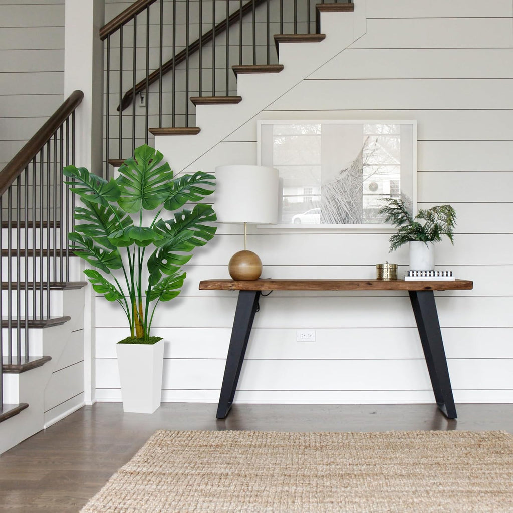 Artificial Monstera Deliciosa Plant 5FT - Faux Tropical Palm Tree with White Tall Planter - Fake Swiss Cheese Floor Plant Potted - Artificial Tree for Home Office Living Room Decor Indoor