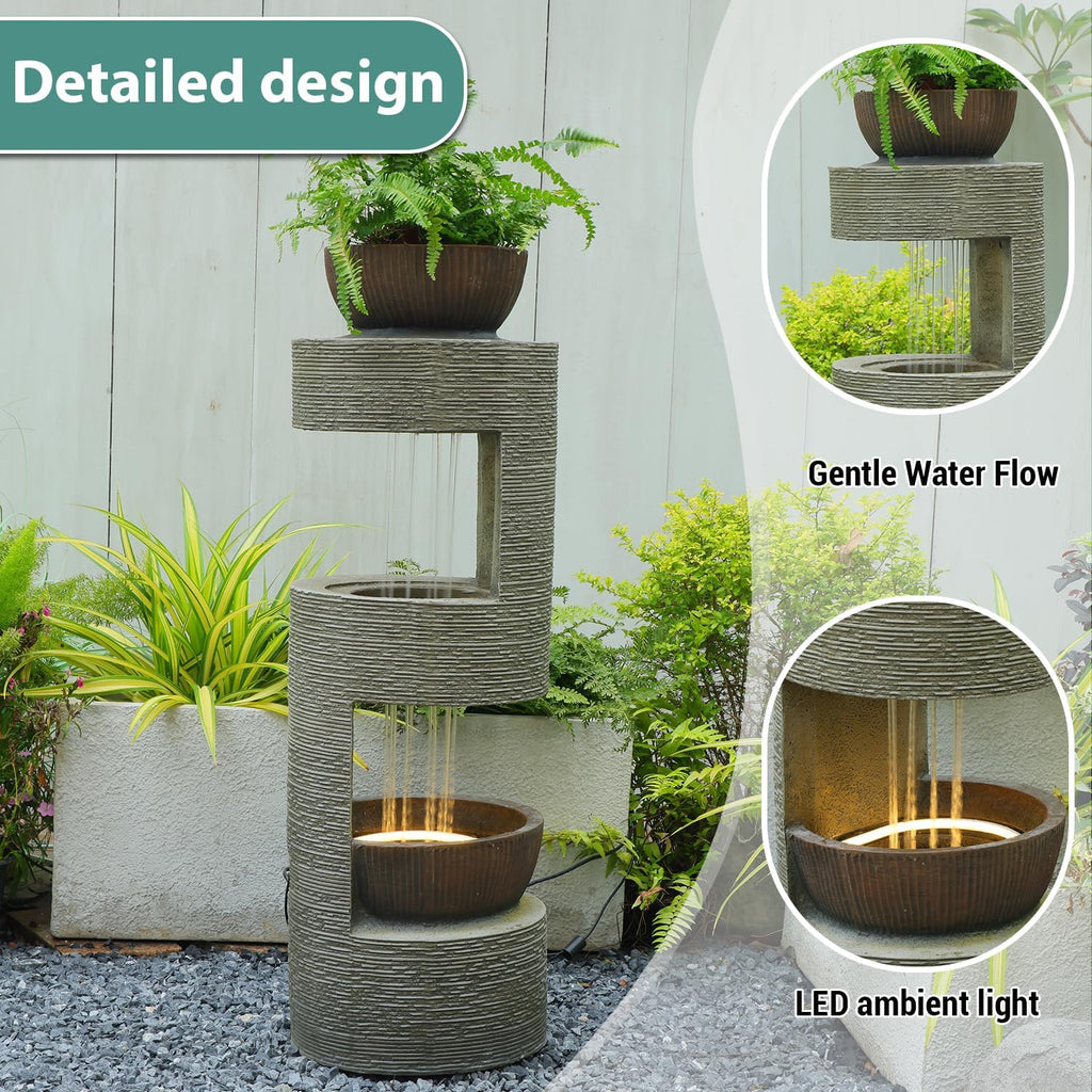 37.8" Outdoor Fountain with Waterfall & LED Lights, Freestanding Garden Water Fountain for Patio/Backyard, Resin Tiered Fountain with Pump