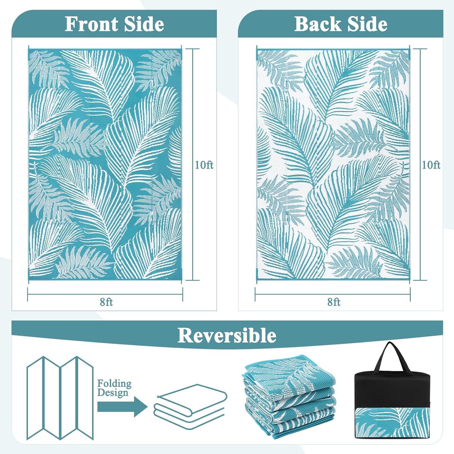 Pauwer Waterproof Outdoor Rug 8x10, Reversible Plastic Straw Patio Camping Rug, Indoor Outdoor RV Mat Carpet for Deck, Camper, Porch, Balcony, Backyard, Picnic, Leaf Teal