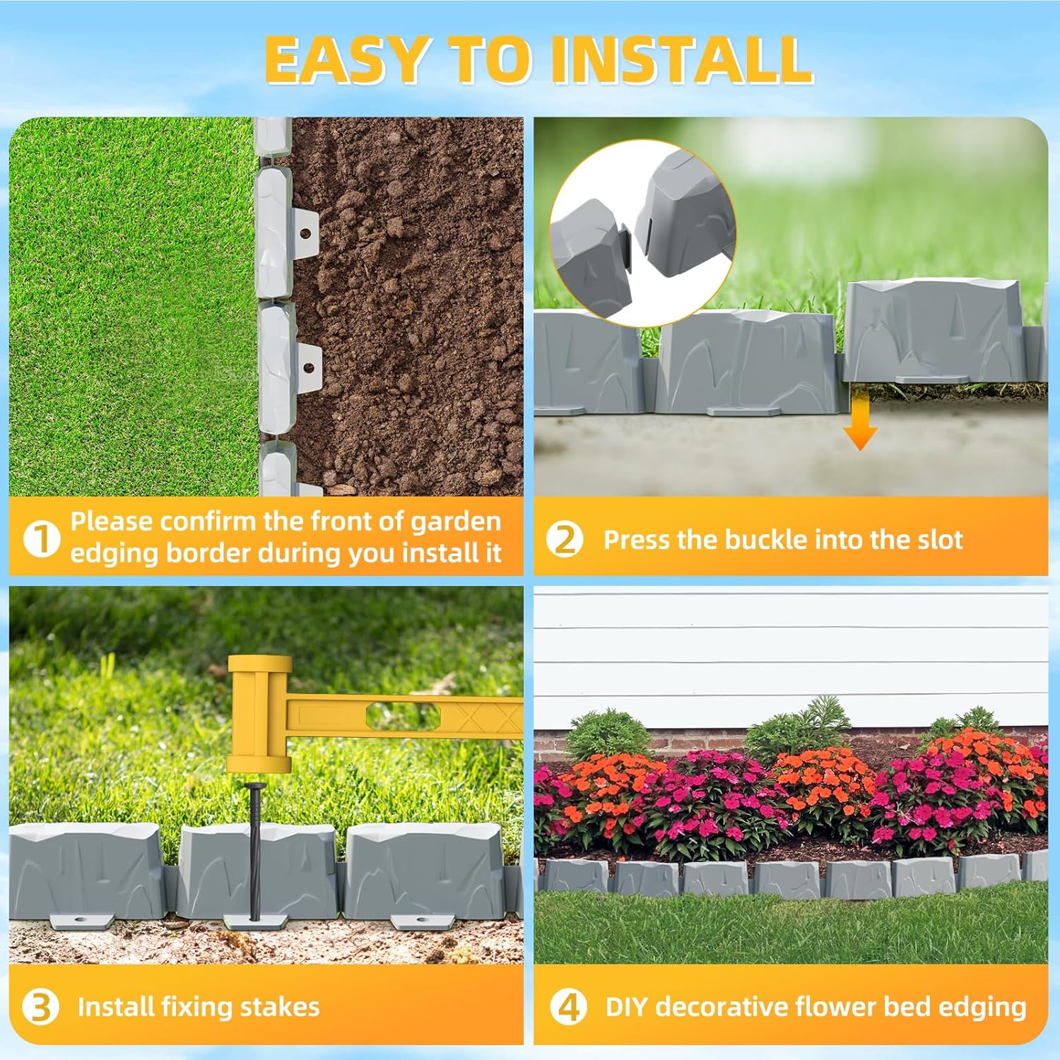 16 Pack(24FT) Landscape Edging w/ 48 Spikes | Flexible Plastic Border for Outdoor, Walkway, Lawn & Weed Control | 24" L x 3" H Faux Stone Edging for Landscaping,Garden Edging Border Stone(Gray) ﻿﻿