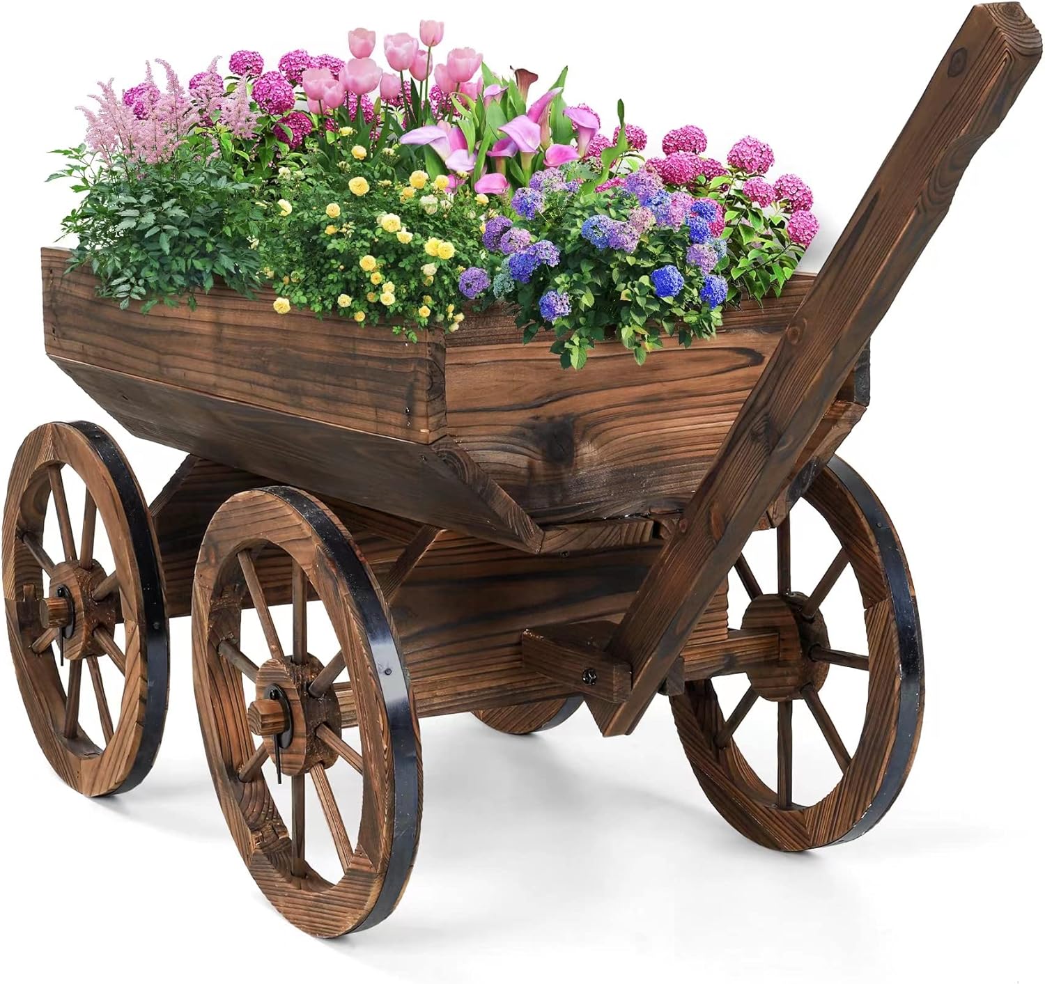 Wood Wagon Planter for Outdoor Balcony Decor - Garden Rustic Wooden Flower Cart with Wheels for Outside Garden Decor Wheelbarrow Planter for Patio