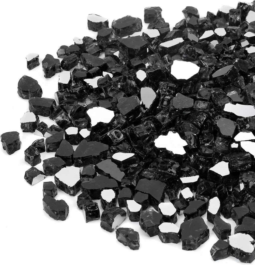 Mr. Fireglass 20 Pounds Black Reflective Fire Glass, 1/2 Inch High Luster Reflective Tempered Glass Rocks for Fire Pit Table Fireplace and Landscaping, Decorative Propane Gas Fireplace Glass Rocks