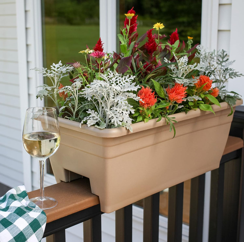 The HC Companies 24 Inch Deck Rail Box Planter Lightweight Outdoor Plastic Plant Pot for Herbs and Flowers, White