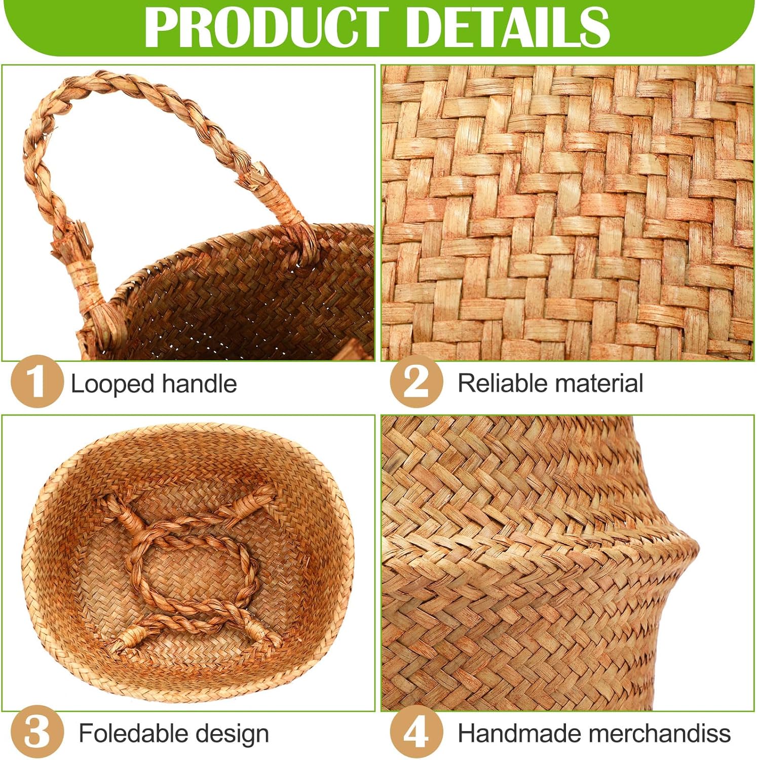 Qunclay Woven Seagrass Baskets Belly Basket Folding Boho Natural Plant Pot with Handles Round Decorative Wicker Large Indoor Planter for Home Outdoor Tree Planters Decor(8.66 x 7.87 Inch, 4 Pcs)