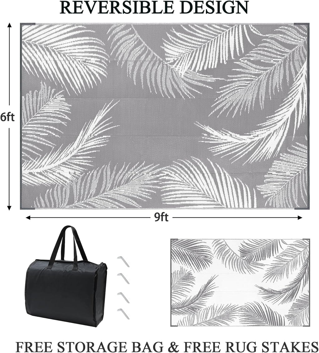 Pauwer Outdoor Rug, 6'x9', Leaf Grey, Reversible, Waterproof, Polypropylene, Lightweight, RV Mat, Patio Decor
