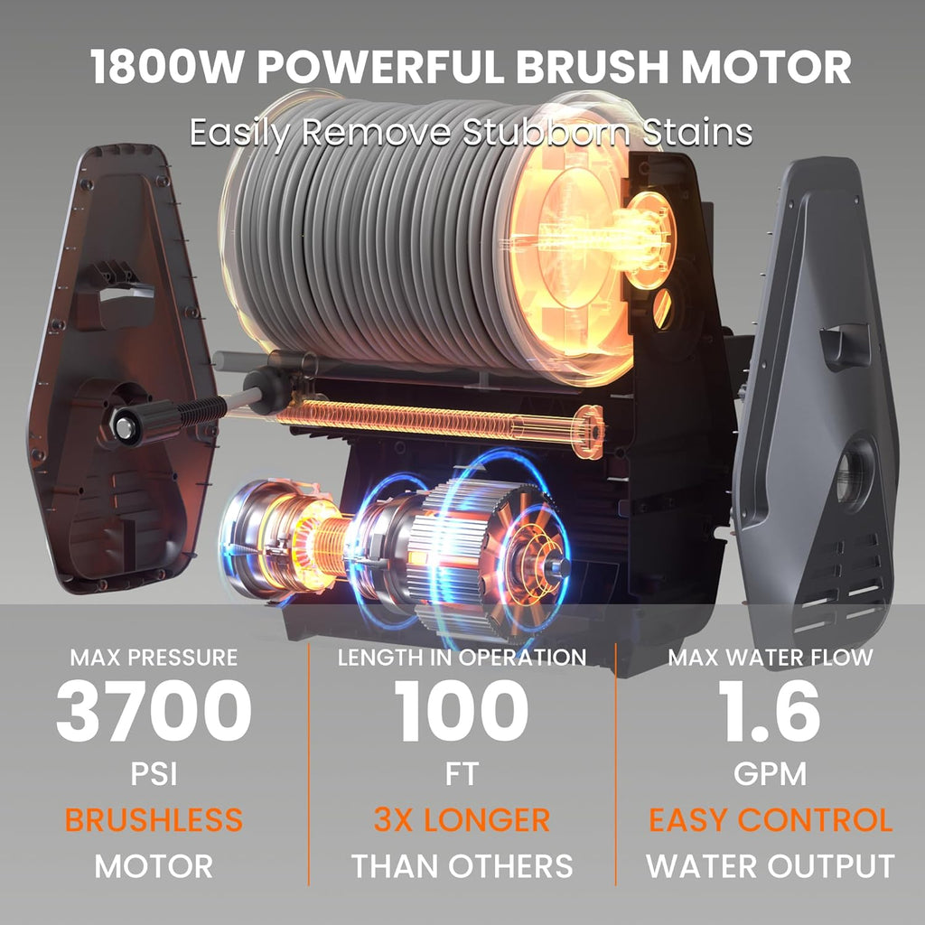 Giraffe Tools Grandfalls Pressure Washer Pro, Electric Wall Mount Power Washer with 100FT Retractable Pressure Hoses, 3700PSI, 1.6GPM, 4 Nozzles, Foam Cannon for Cars/Patios, Dark Silver