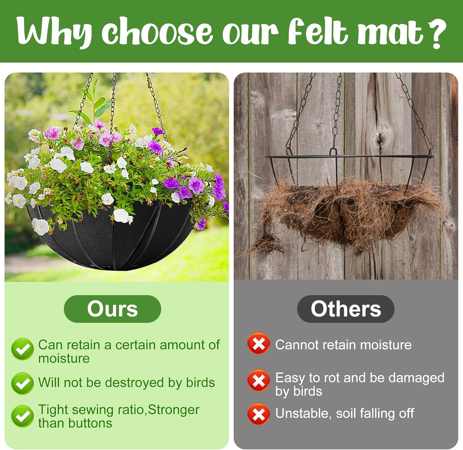 Adnee 3 Pcs 12 Inch Fabric Planter Basket Liner-Felt Flower Pot Liners-Hanging Plant Basket Fiber Insert for Garden Wall Hanging Planter Flower Vegetables(Round)