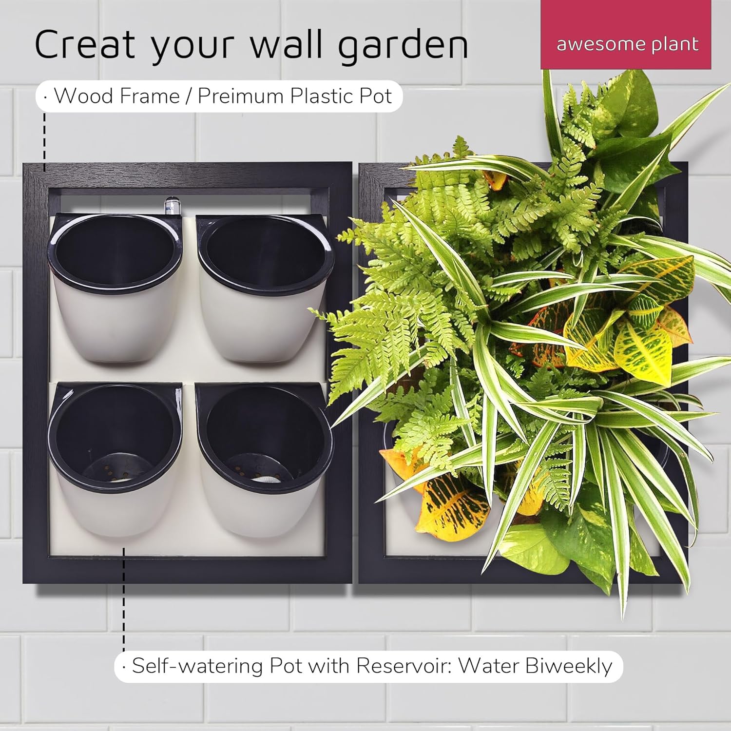 Wall Garden 4 Vertical Wall Planter, 4 Pots Wood Frame Self Watering Living Planter for Home Office Decor, Wall-Mounted Planter for Indoor Houseplants (Black)