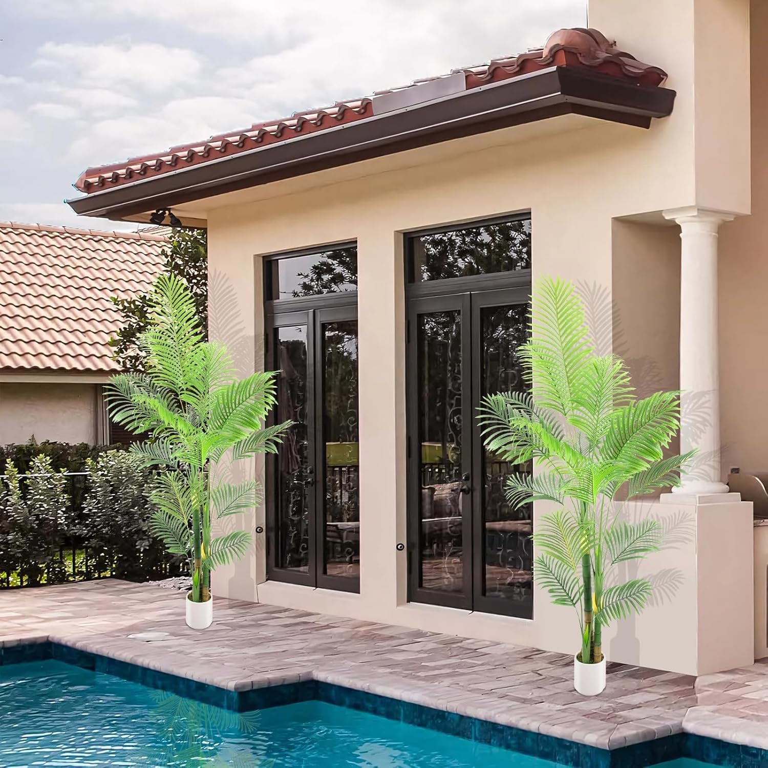 Artificial Fake Palm Tree 7FT 2Pack with White Planter & Free Moss, UV Resistant Artificial Palm Tree for Outdoors, Fake Plants for Poolside Home Room Decor, Faux Plants Outdoor Decor
