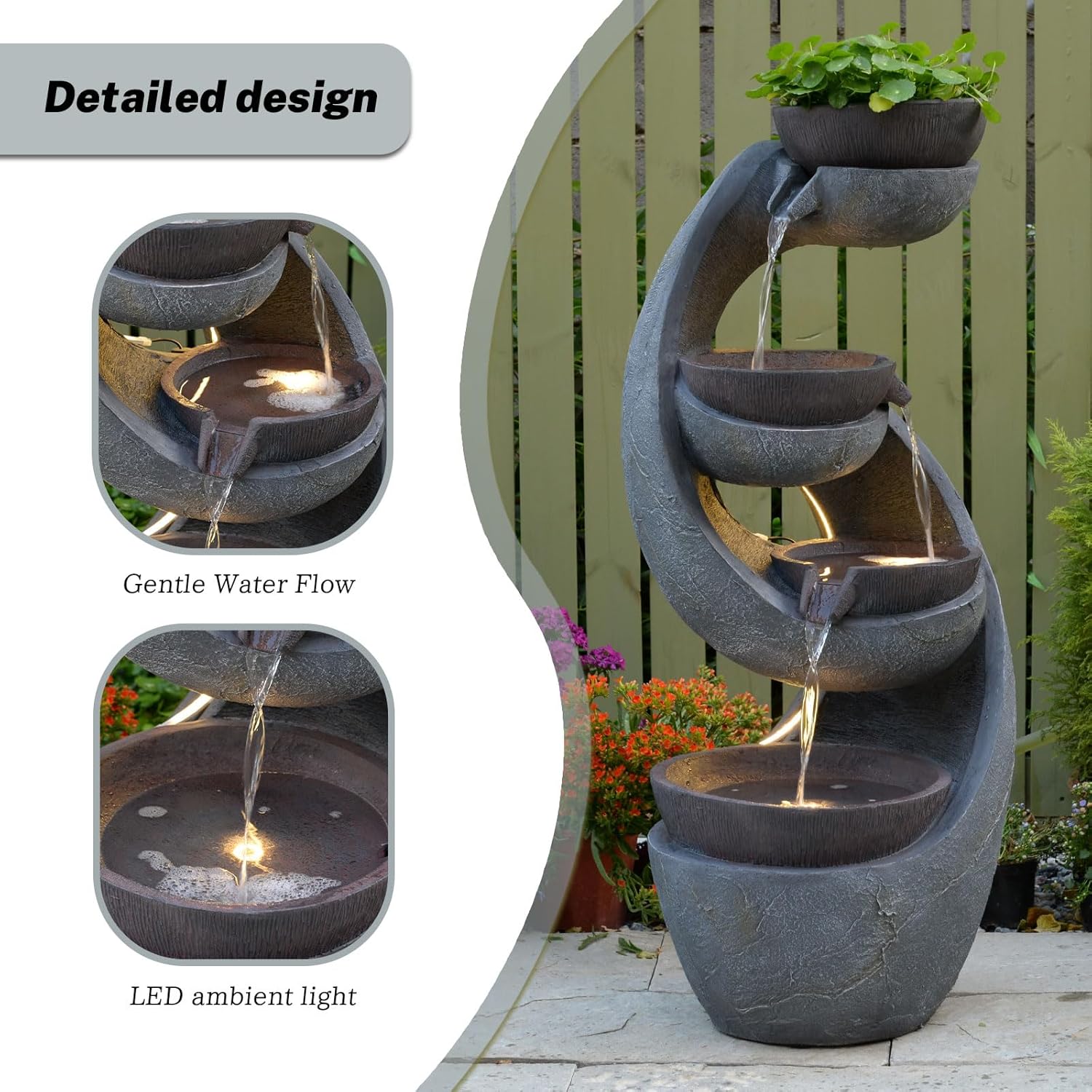Outdoor Waterfall Fountain with LED Lights and Pump for Garden, Patio, Yard - 43.7 Inch UV-Resistant Freestanding Water Feature