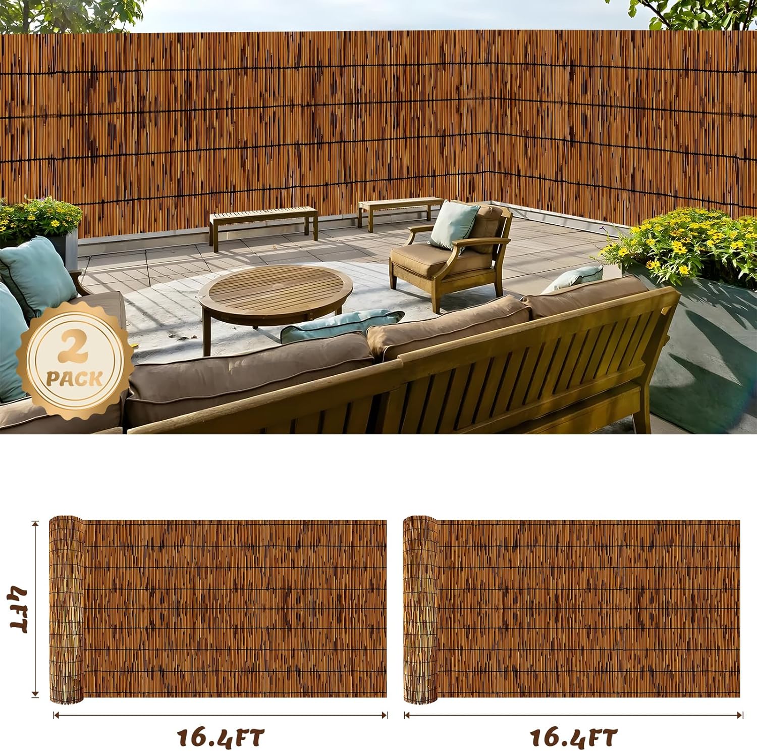 Natural Bamboo Reed Fence, 2 Pack 4FT x 16.4FT,Bamboo Privacy Screen for Garden, Decorative Fence for Outdoor Privacy Screening, Sun Blocking, Decorative Divider, Brown
