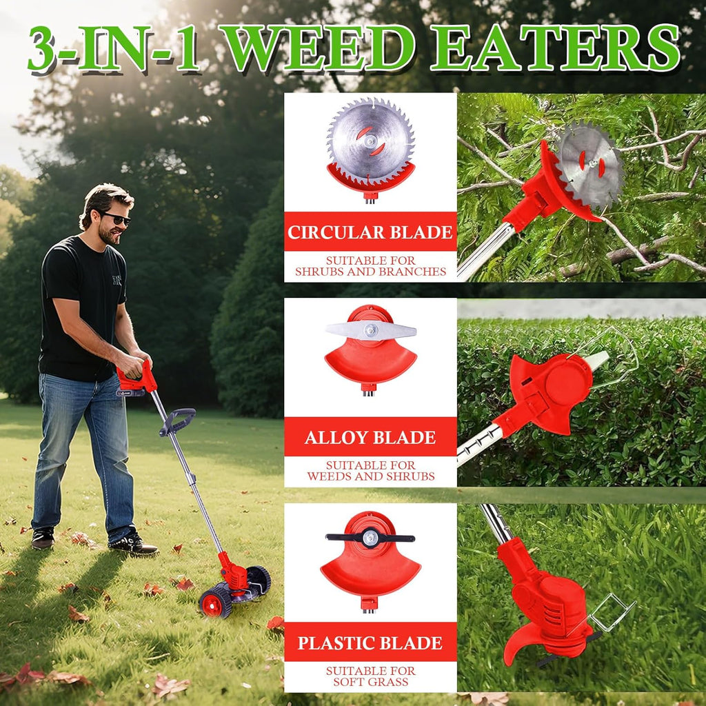 Weed Wacker Cordless Adjustable Weed Eaters 3 in 1 Electric String Trimmer Lawn with Two Battery with Charger Comes with Multiple Blades for Yard,Green,Garden(Red)
