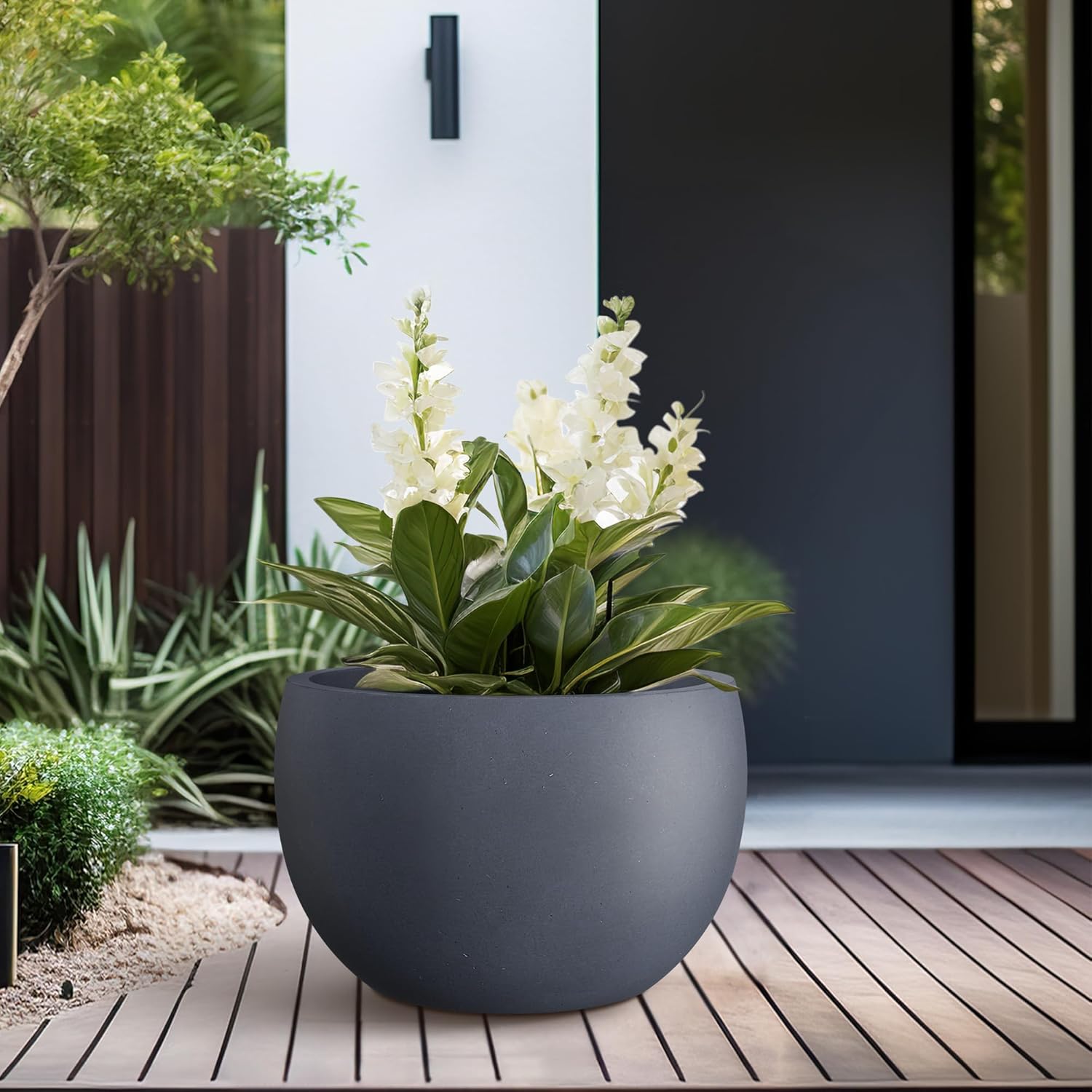 Kante 15.7" Dia Round Concrete Planter, Outdoor/Indoor Large Bowl Plant Pots with Drainage Hole and Rubber Plug for Garden Patio Balcony Home, Charcoal