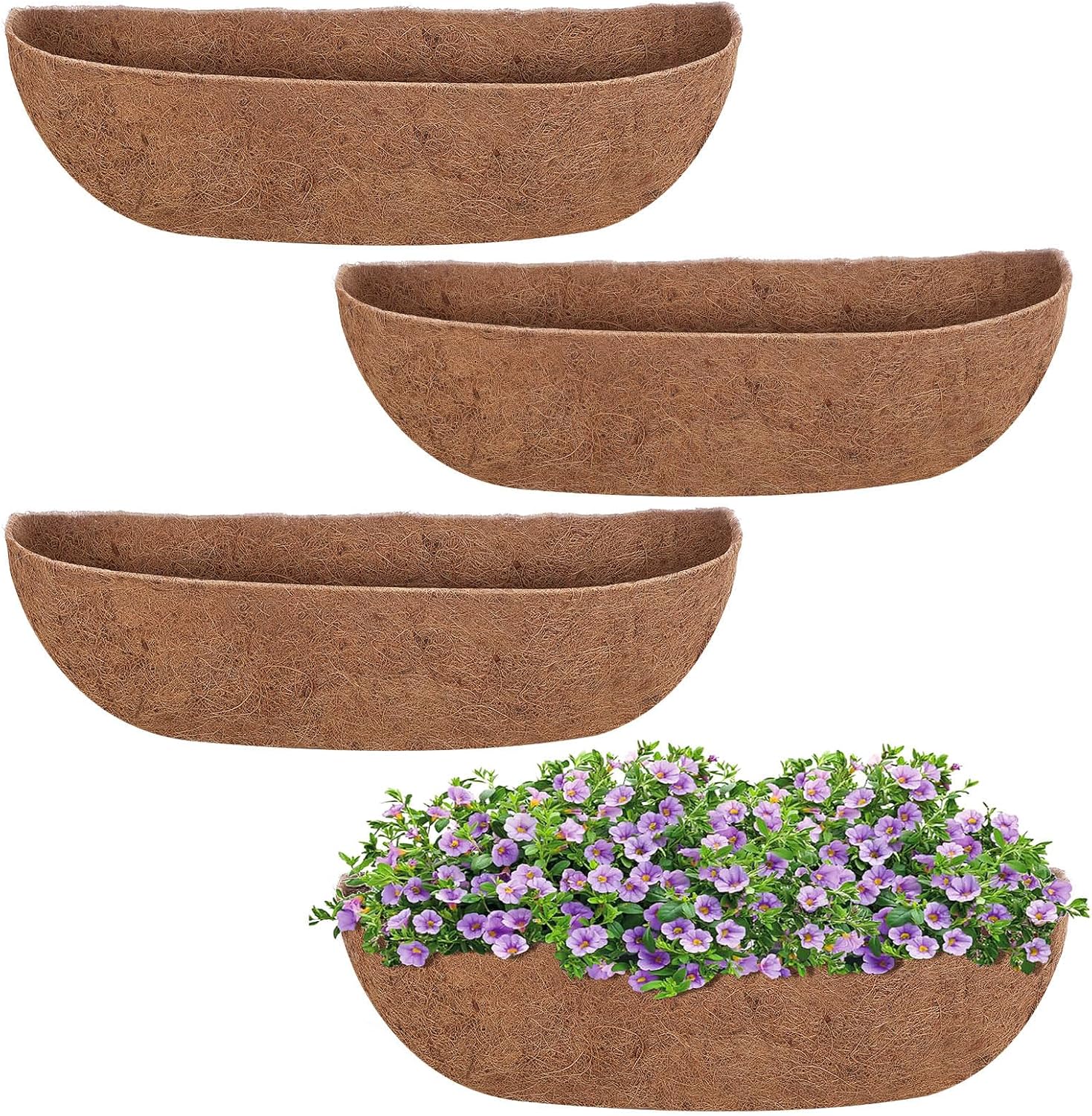 4 Packs 24 inch Hanging Basket Liner Trough Coco Coir Liner for Planter Replaceable Natural Coconut Fiber for Hanging Baskets Window Box Garden Fence Flower Pots Outdoor Indoor (4Pcs 24 inch)