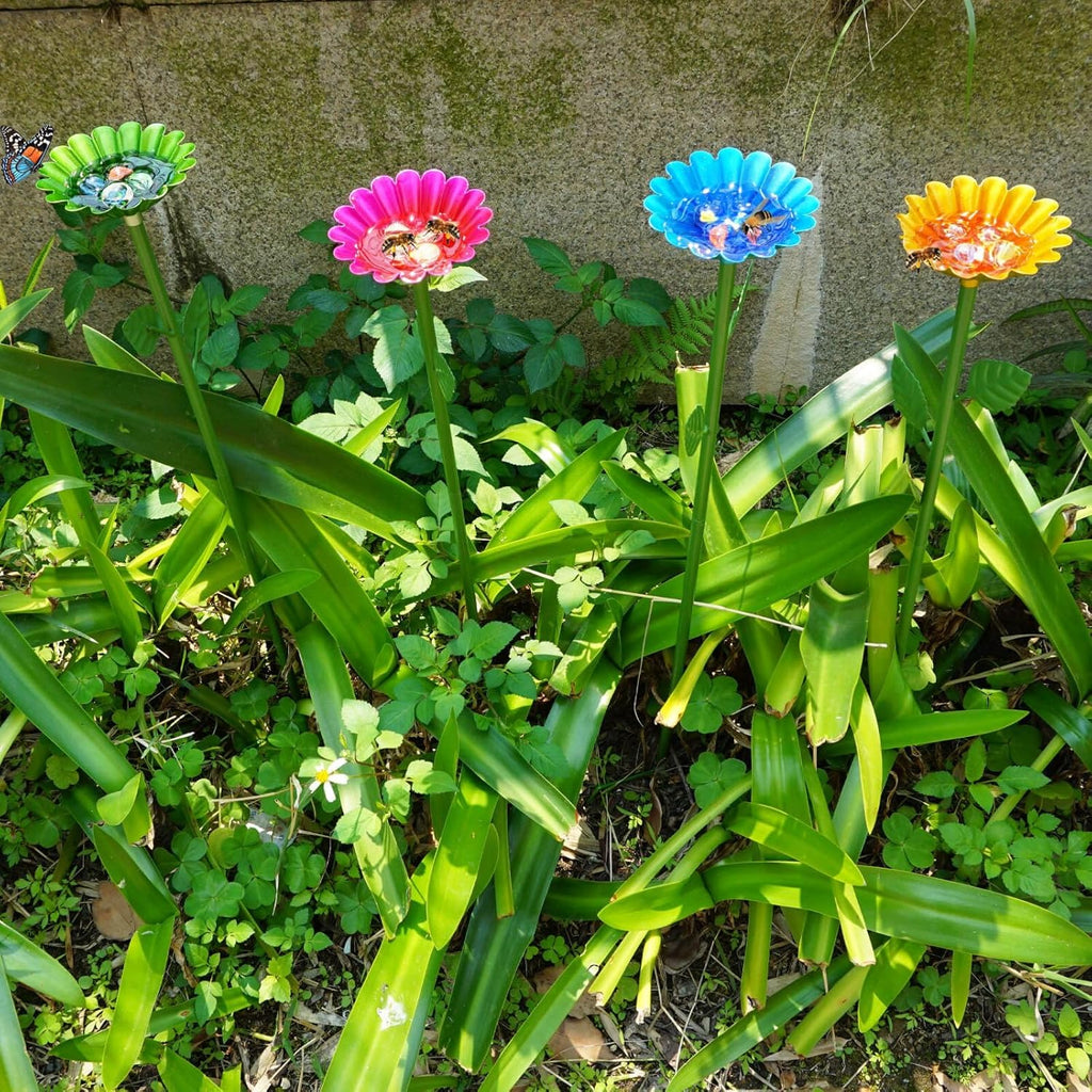 4 Pack Bee Watering Station, Bee Baths for Garden with Glass Marbles, Colorful Metal Butterfly Bird Water Feeder Supplies for Outdoor Garden Yard Farm Decor Flower Design (Green,Red,Blue,Yellow)