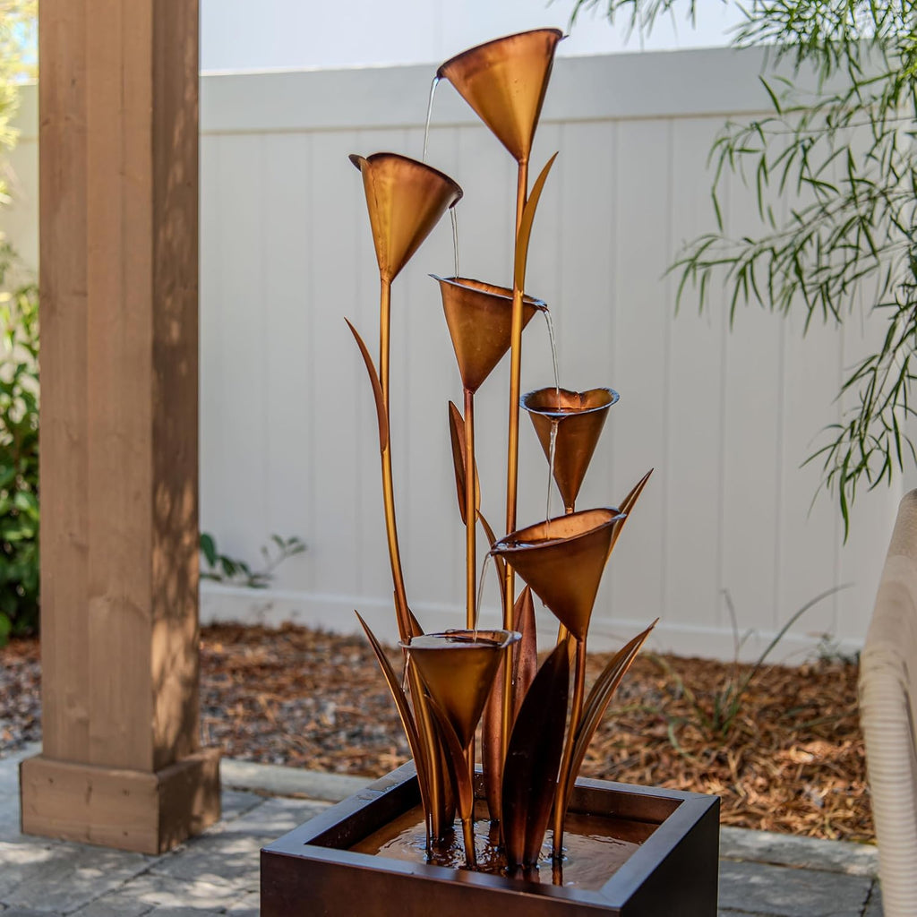 XBrand Sculptural Freestanding Metal Multi-Tiered Water Fountain w/Flowers, No LED Lights, Bronze, 46" Tall