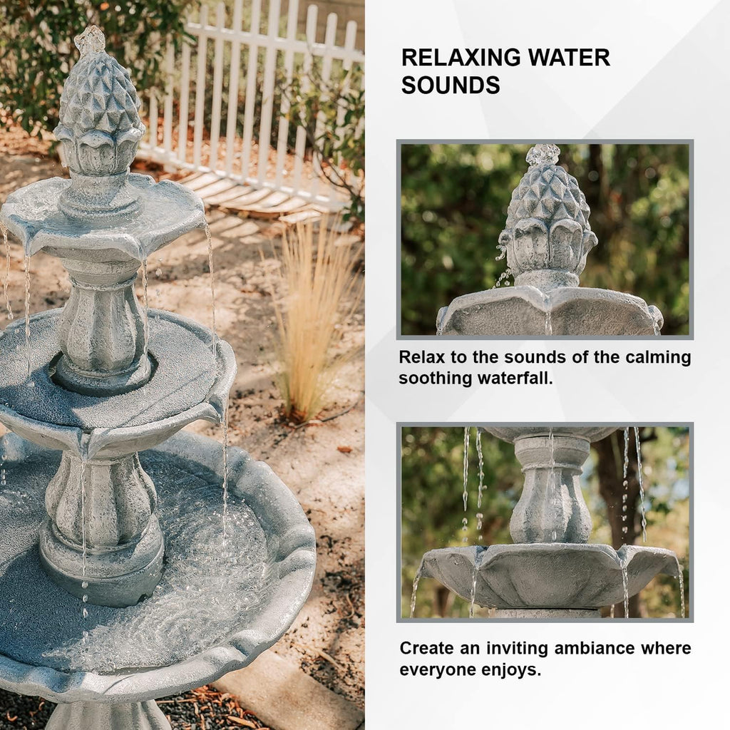XBrand 3-Tier Freestanding Waterfall Fountain w/Pump & Pineapple Top, 51 Inch Tall, Grey, Large Outdoor Garden Fountain, Ideal for Garden, Porch, and Lawn