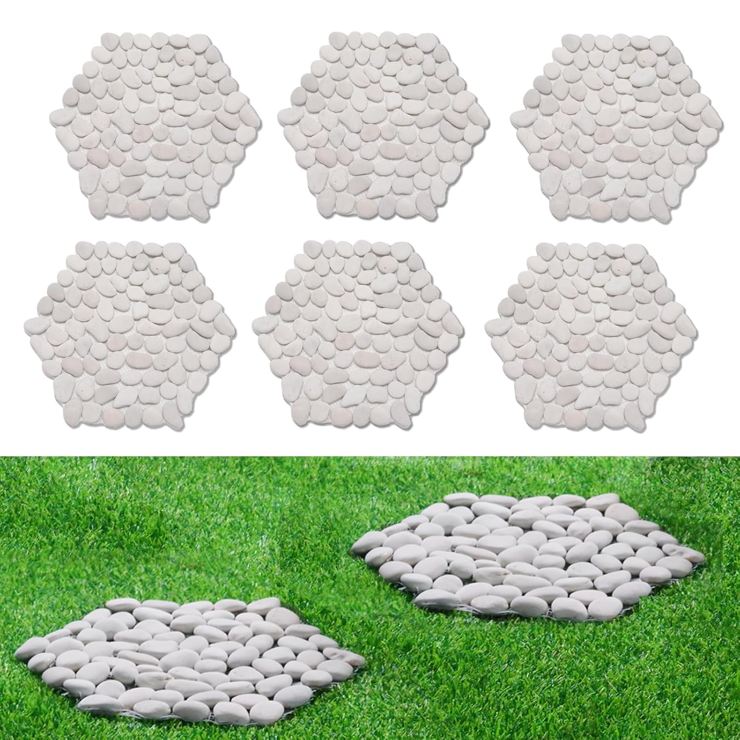 12 inch River Rock Stepping Stone - Pavers for Outdoor Garden Walkway, Landscaping - Polished Pebble Step Stones for Patio Yard Lawn Pathway, Set of 6 (Hexagon,White)