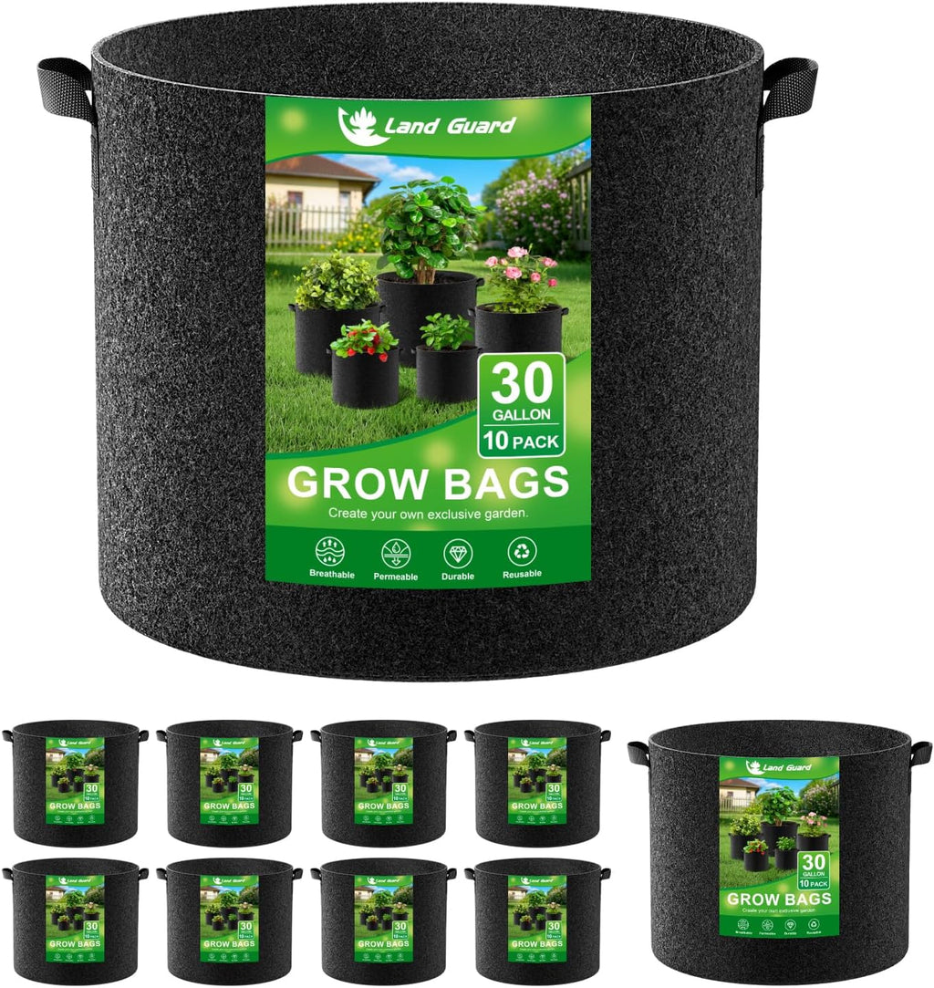 Land Guard 10-Pack Fabric Grow Bags 30 Gallon, Thickened Nonwoven Garden Pots, Growing Bags with Handles, Black