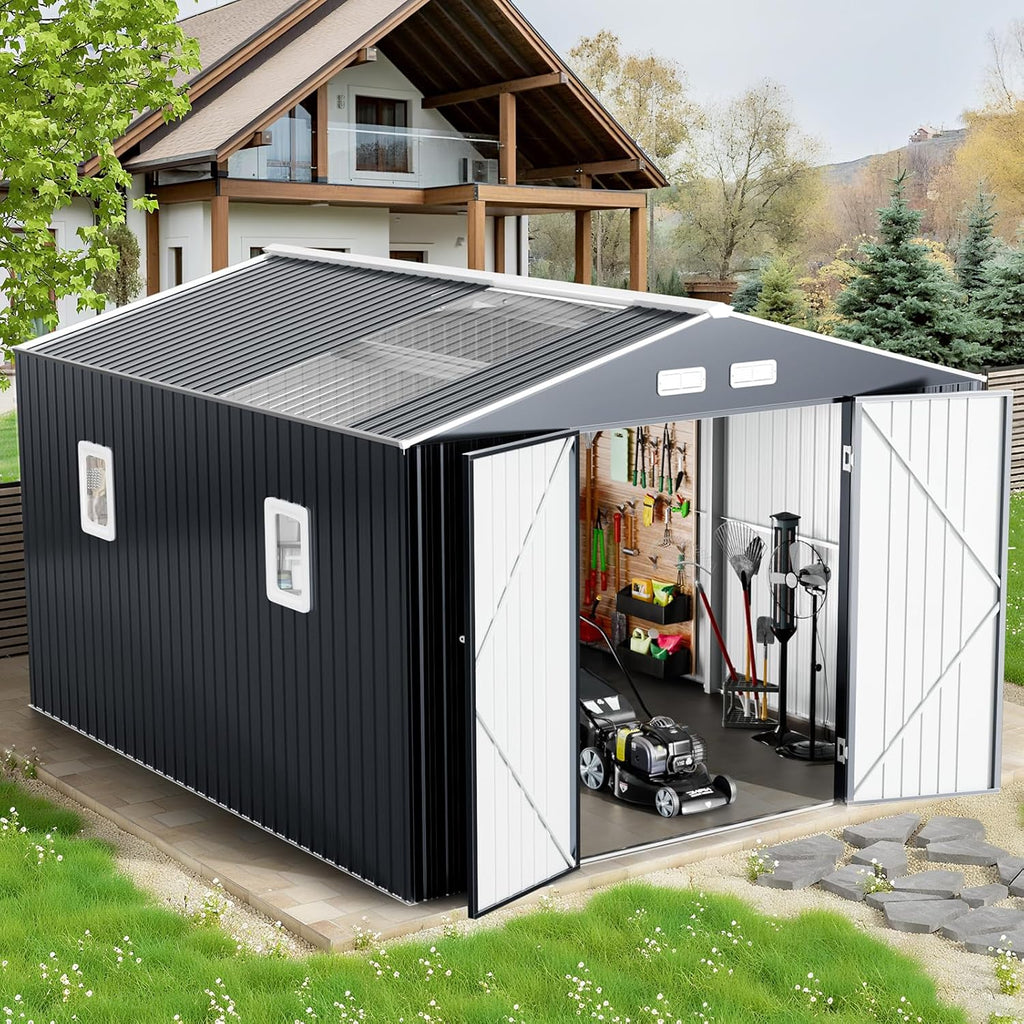 12x10 FT Metal Sheds & Outdoor Storage: Heavy Duty Garden Sheds with Dual Transparent Panels, DIY-installable Windows & Lockable Doors, Weatherproof Tool Shed for Backyard, Garden, Patio, Grey