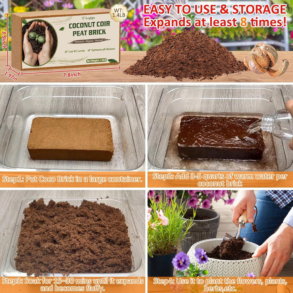 Legigo 8 Pack Coco Coir Bricks (11.2lb), 100% Organic Coconut Coir Fiber Potting Soil for Plants, Compressed Coco Peat Seed Starter, Coconut Husk Potting Mix for Indoor & Outdoor Plants, Gardening