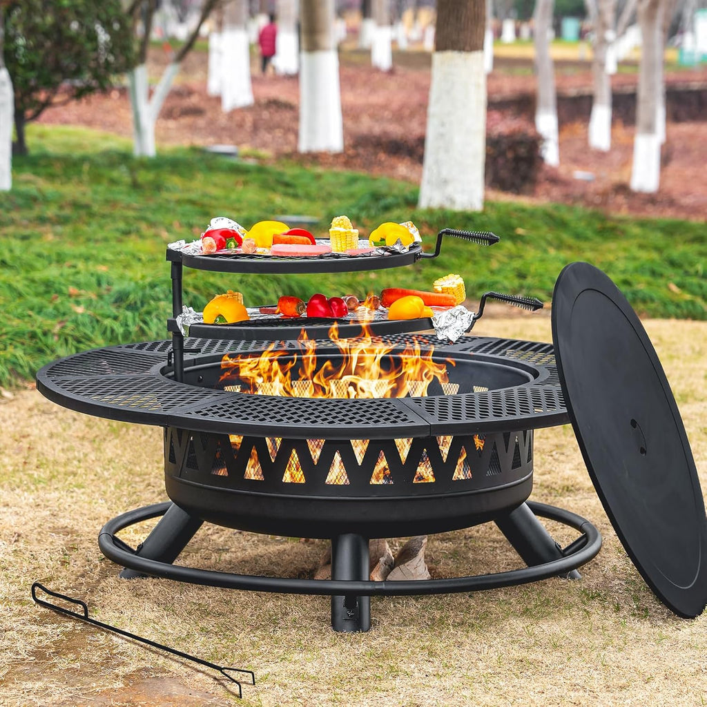 47 Inch Fire Pit with 2 Grills, Outdoor Extra Large Firepits for Outside, Wood Burning Fireplace for Camping,Picnic,Bonfire, 3-in-1 Round Metal Table with Lid for Backyard,Patio,Party