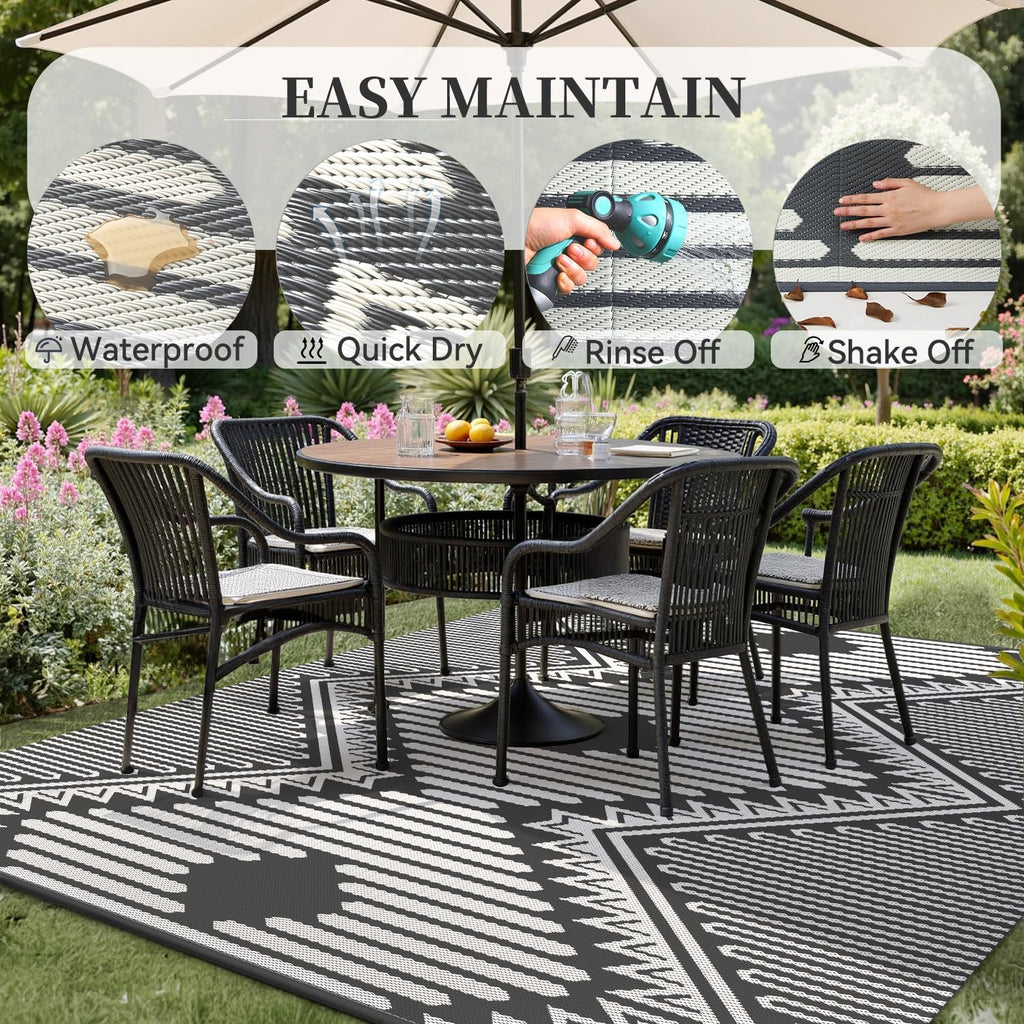 MontVoo Outdoor Rug 9x12 Waterproof Patio Rug-Outdoor Carpet Mat Reversible Plastic Straw Outside Outdoor Rug for RV Camping Picnic Beach Balcony Backyard Pool Deck Porch Modern Boho Grey